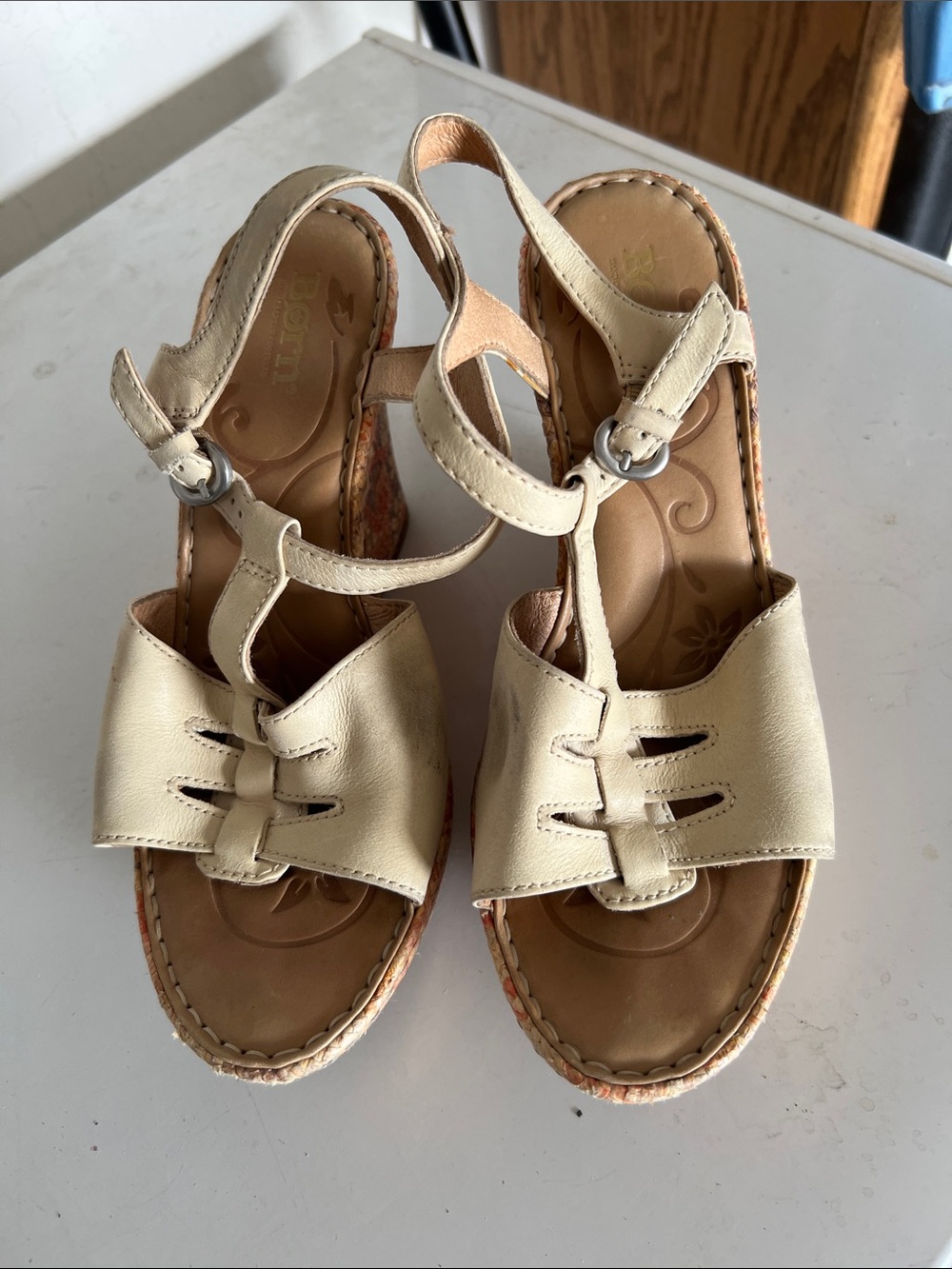 Born Cream Leather Wedge Sandals with Ankle Strap